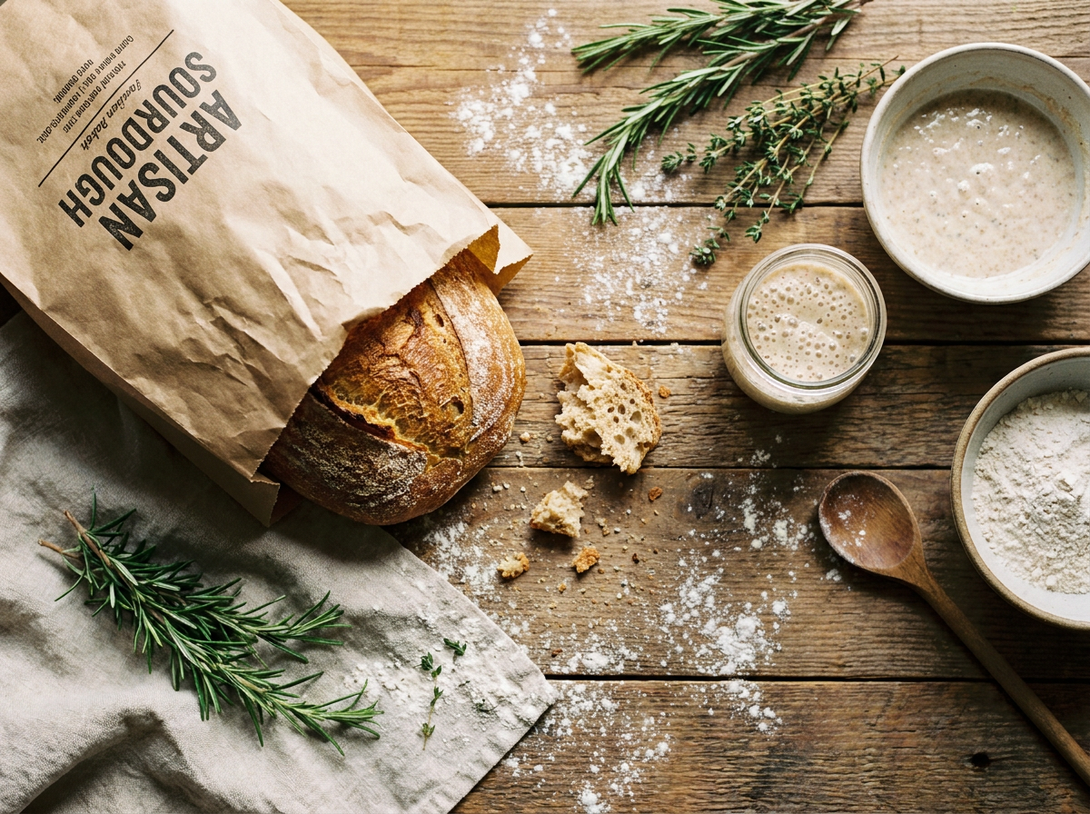 Cozy bakery flatlay with kraft bag and fermented fruit starter